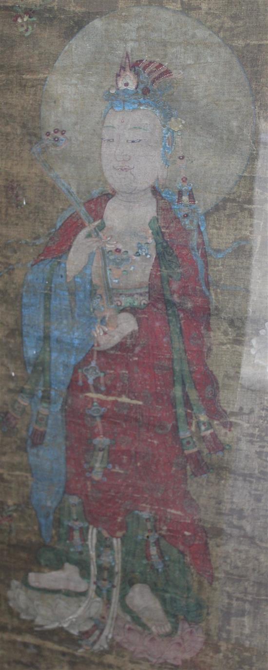 A Chinese ink and colour painting on silk of five Bodhisattvas, Tang / Five dynasties (851-950AD) or later, 145 x 75cm incl. borders